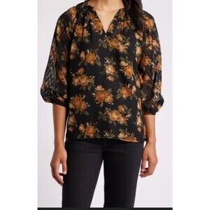 Studio B Bobeau Sheer Floral Smock Neck Top M